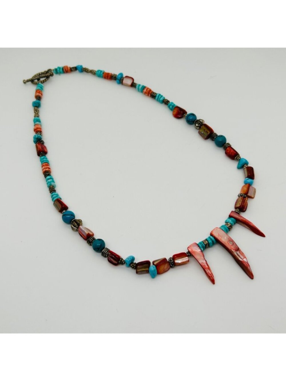 Southwestern Red Spiny Oyster & Turquoise Color Stone Shell Spike Toggle Vintage - Picture 4 of 12